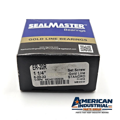 Sealmaster ER-20R Gold Line set screw ball bearing insert 1-1/4 inch bore for industrial shaft support and MRO replacement