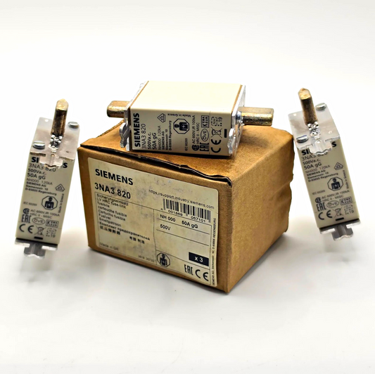 Lot of 3 Siemens SENTRON 3NA3820 NH000 50A 500VAC gG HRC blade fuses for power distribution protection from American Industrial Parts Group