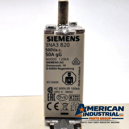 Lot of 3 Siemens SENTRON 3NA3820 NH000 50A 500VAC gG HRC blade fuses for power distribution protection from American Industrial Parts Group