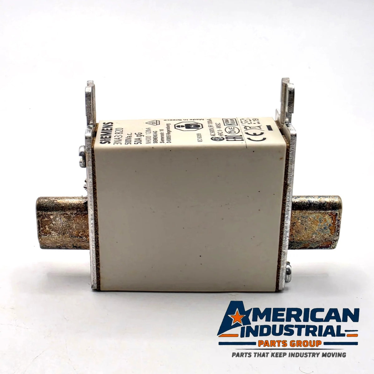 Lot of 3 Siemens SENTRON 3NA3820 NH000 50A 500VAC gG HRC blade fuses for power distribution protection from American Industrial Parts Group