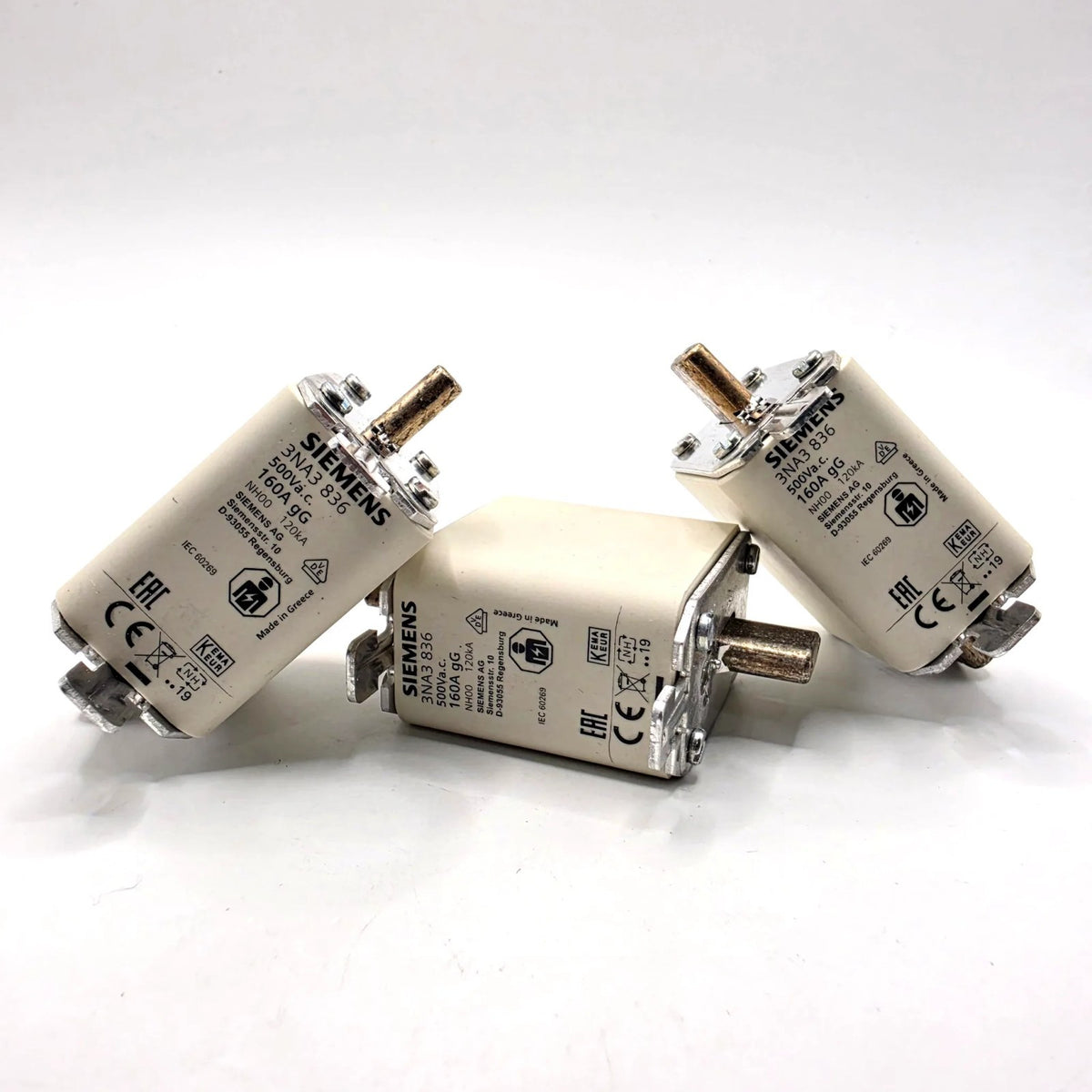 Lot of 3 Siemens SENTRON 3NA3836 NH00 160A 500VAC gG HRC blade fuses for power distribution protection from American Industrial Parts Group