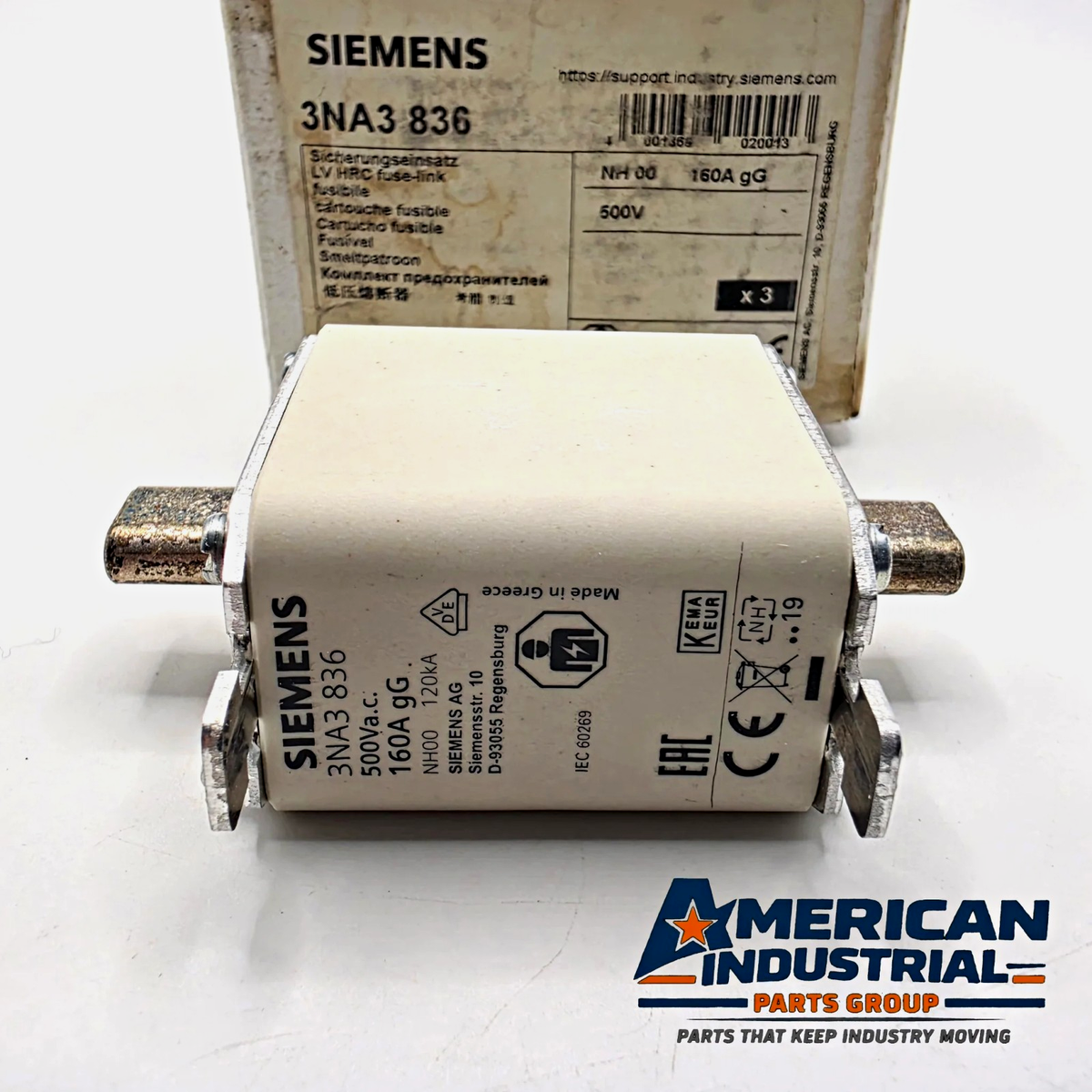 Lot of 3 Siemens SENTRON 3NA3836 NH00 160A 500VAC gG HRC blade fuses for power distribution protection from American Industrial Parts Group
