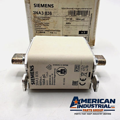 Lot of 3 Siemens SENTRON 3NA3836 NH00 160A 500VAC gG HRC blade fuses for power distribution protection from American Industrial Parts Group