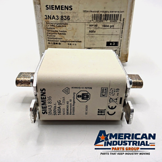 Lot of 3 Siemens SENTRON 3NA3836 NH00 160A 500VAC gG HRC blade fuses for power distribution protection from American Industrial Parts Group