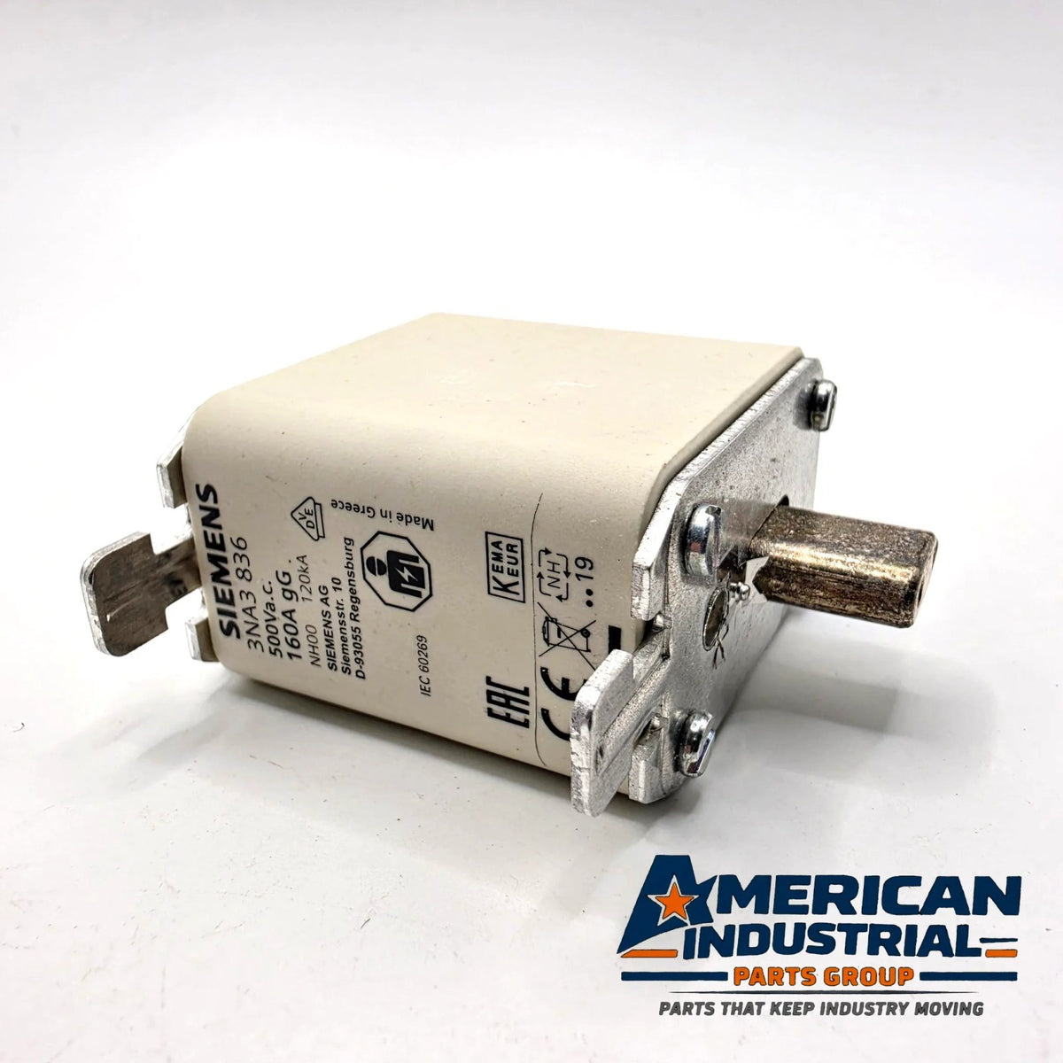 Lot of 3 Siemens SENTRON 3NA3836 NH00 160A 500VAC gG HRC blade fuses for power distribution protection from American Industrial Parts Group