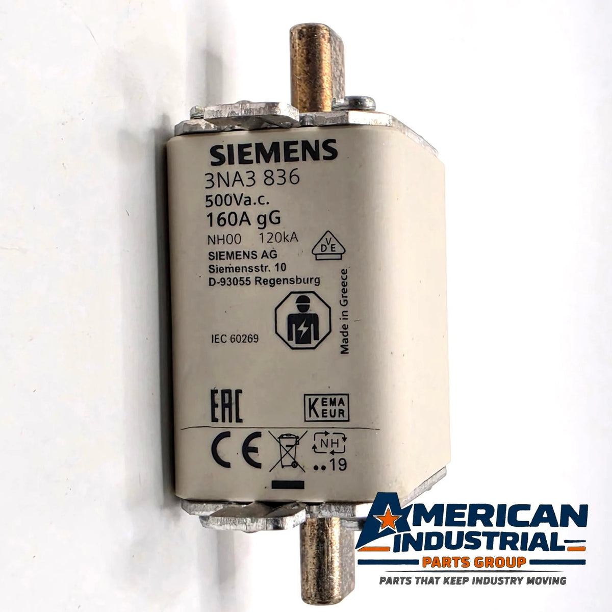Lot of 3 Siemens SENTRON 3NA3836 NH00 160A 500VAC gG HRC blade fuses for power distribution protection from American Industrial Parts Group