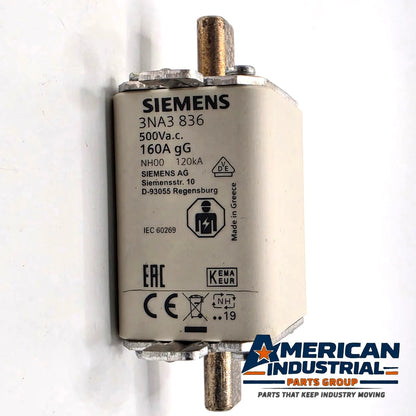 Lot of 3 Siemens SENTRON 3NA3836 NH00 160A 500VAC gG HRC blade fuses for power distribution protection from American Industrial Parts Group