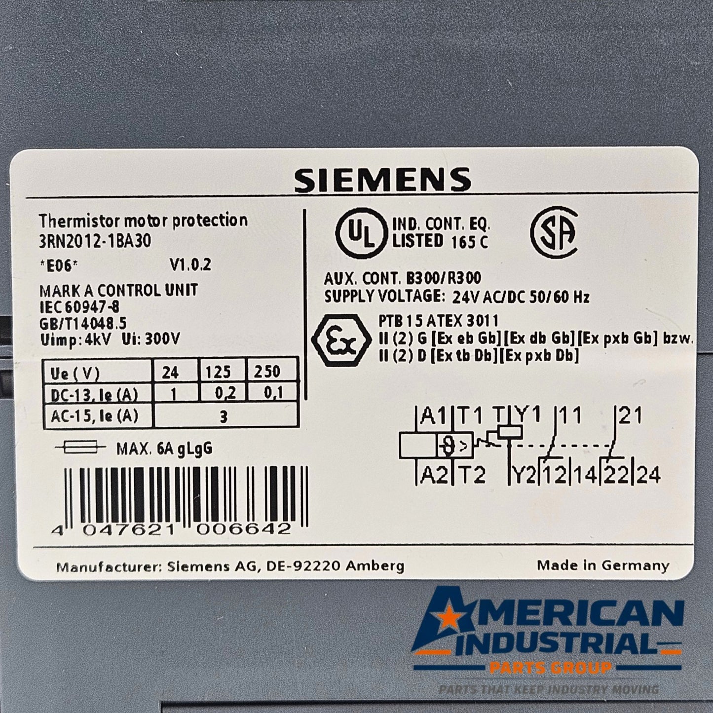 Siemens 3RN2012-1BA30 SIRIUS Thermistor Motor Relay industrial automation/MRO motor protection relay component. American Industrial Parts Group.