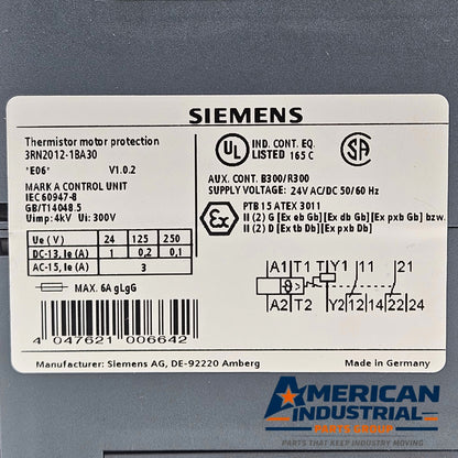 Siemens 3RN2012-1BA30 SIRIUS Thermistor Motor Relay industrial automation/MRO motor protection relay component. American Industrial Parts Group.