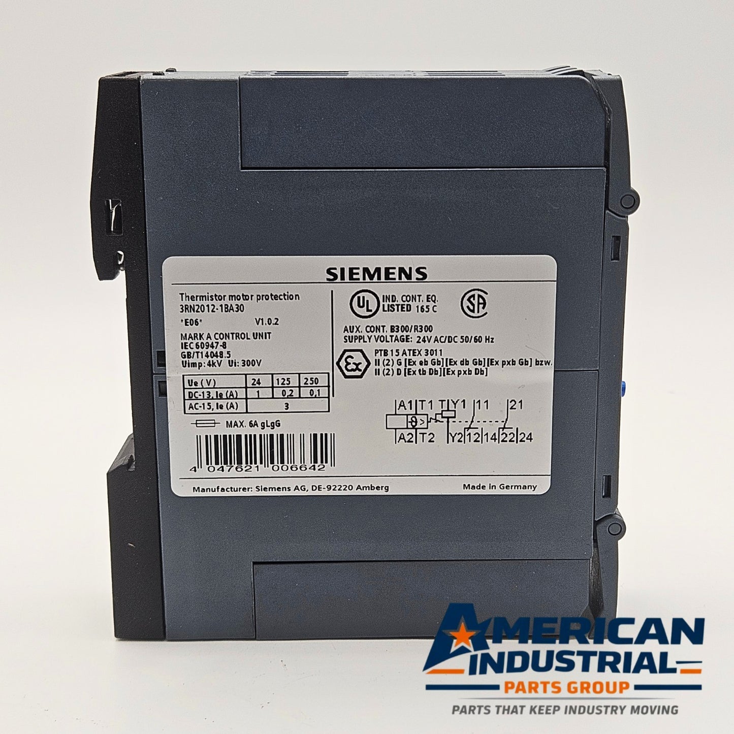 Siemens 3RN2012-1BA30 SIRIUS Thermistor Motor Relay industrial automation/MRO motor protection relay component. American Industrial Parts Group.