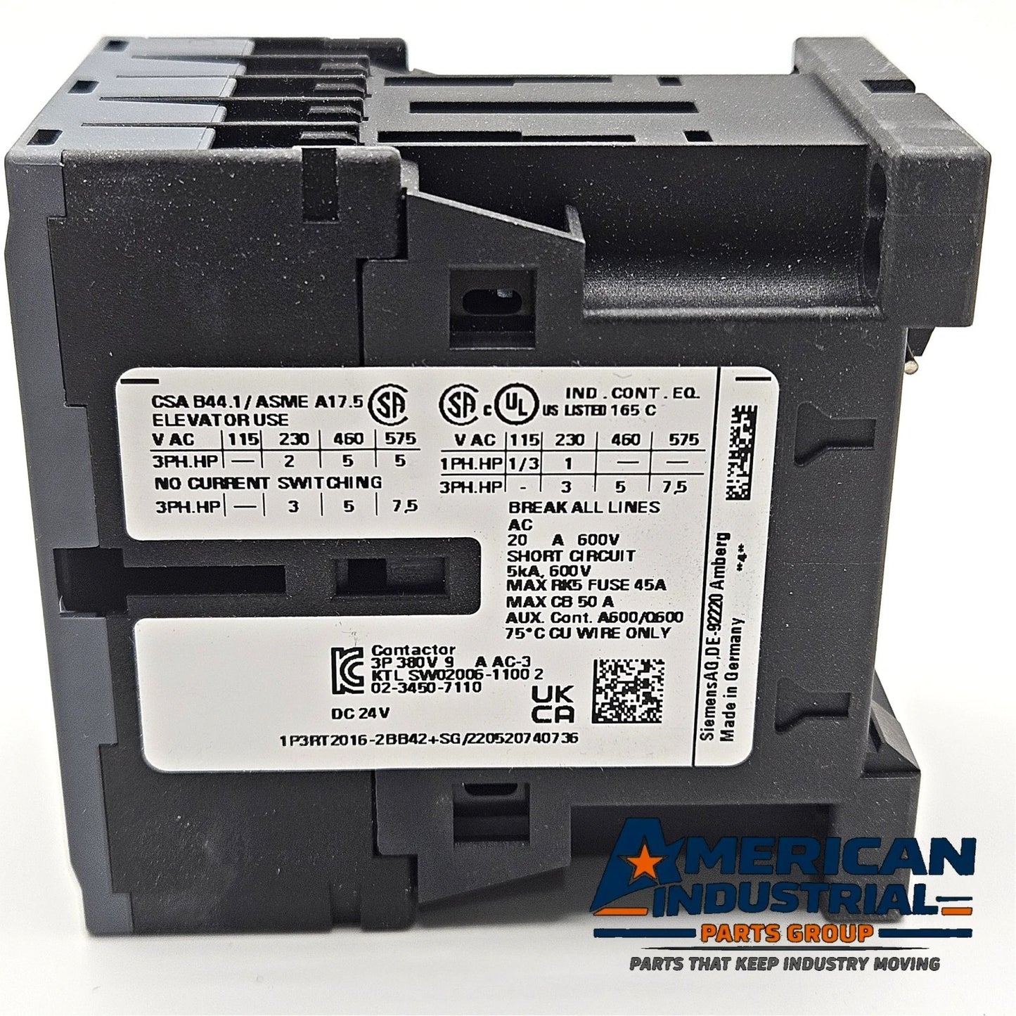 Siemens 3RT2016-2BB42 SIRIUS 3RT2 9A 4kW 24VDC 3-pole power contactor with 1NC auxiliary for industrial motor control