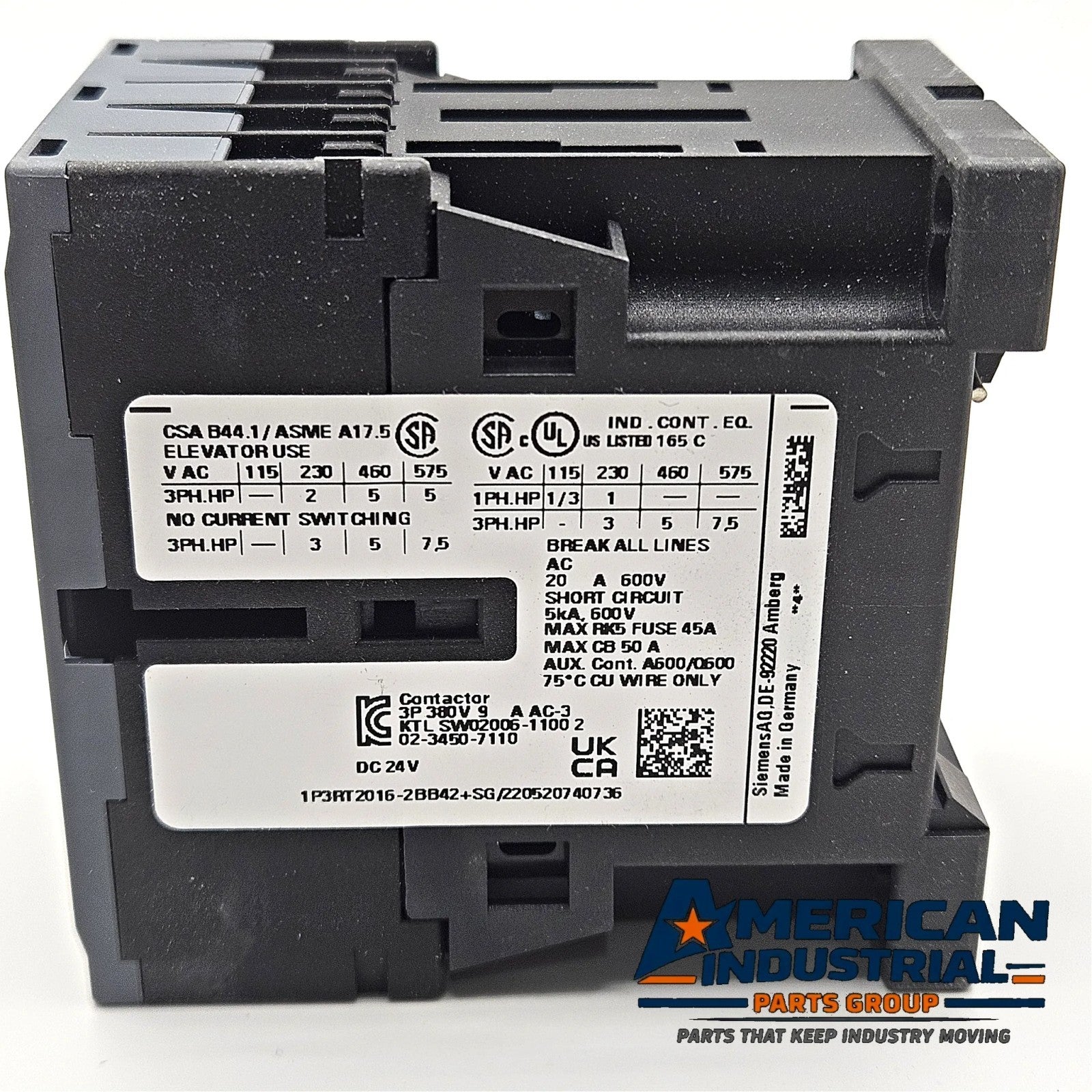 Siemens 3RT2016-2BB42 SIRIUS 3RT2 9A 4kW 24VDC 3-pole power contactor with 1NC auxiliary for industrial motor control