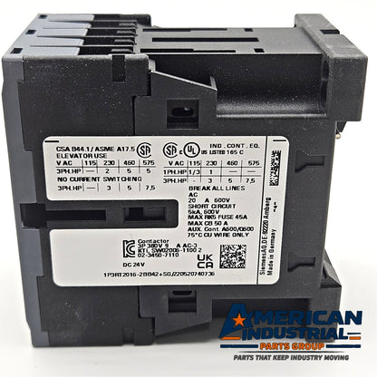 Siemens 3RT2016-2BB42 SIRIUS 3RT2 9A 4kW 24VDC 3-pole power contactor with 1NC auxiliary for industrial motor control