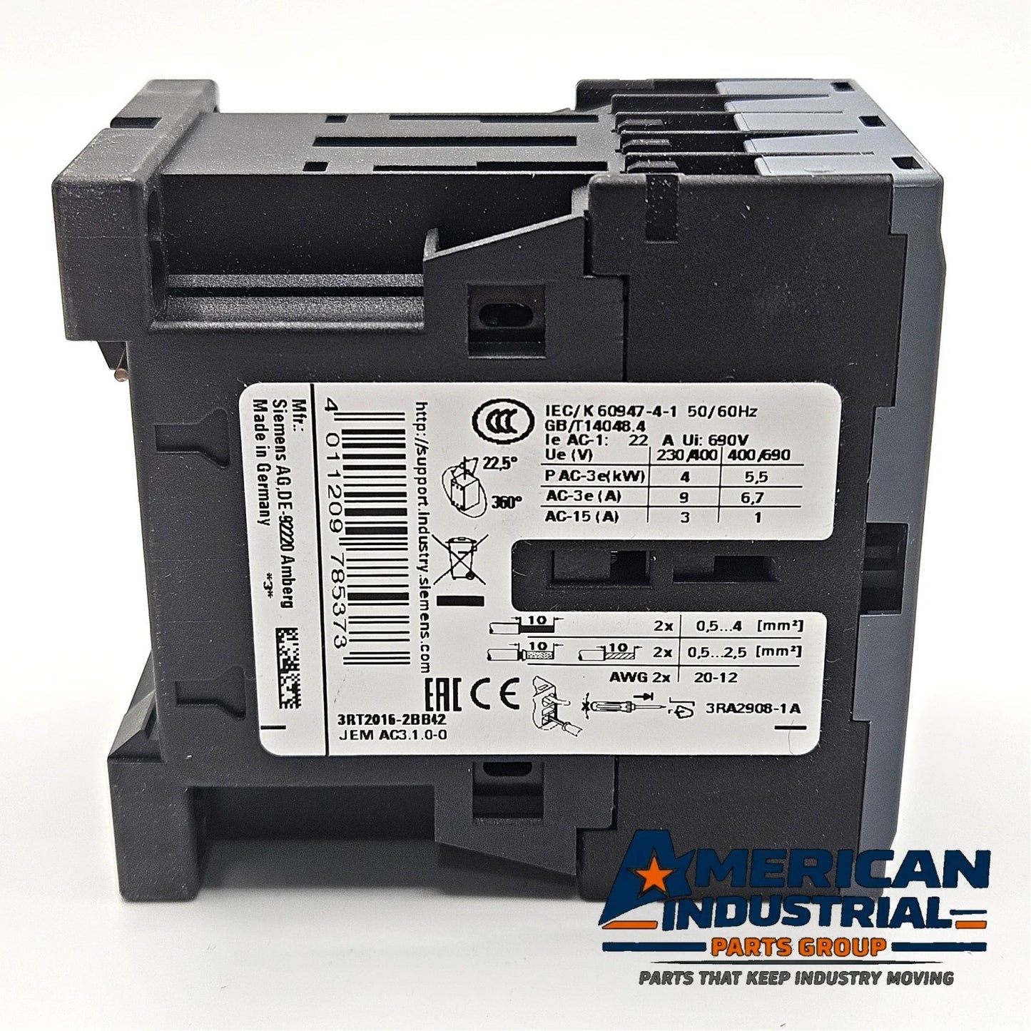 Siemens 3RT2016-2BB42 SIRIUS 3RT2 9A 4kW 24VDC 3-pole power contactor with 1NC auxiliary for industrial motor control