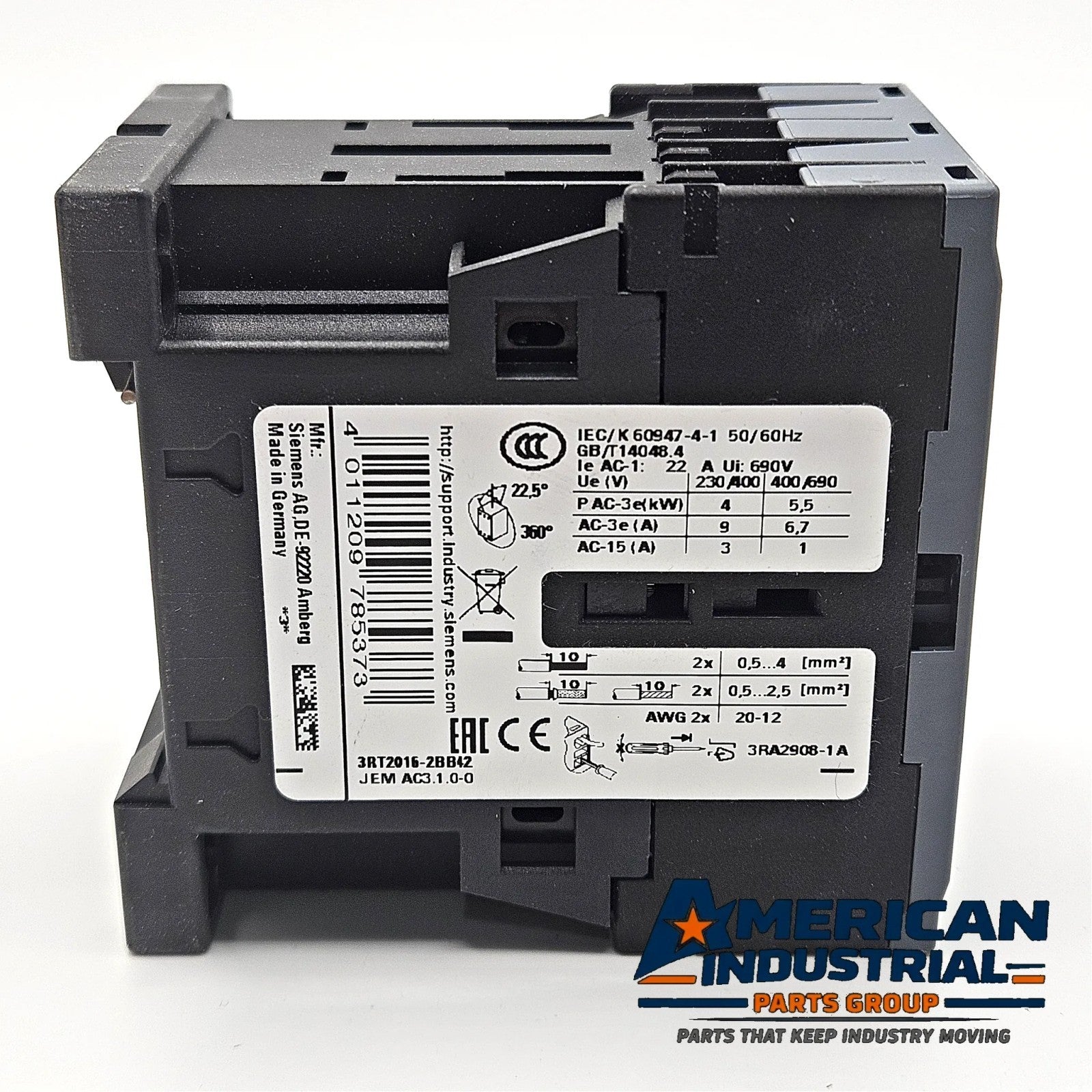 Siemens 3RT2016-2BB42 SIRIUS 3RT2 9A 4kW 24VDC 3-pole power contactor with 1NC auxiliary for industrial motor control