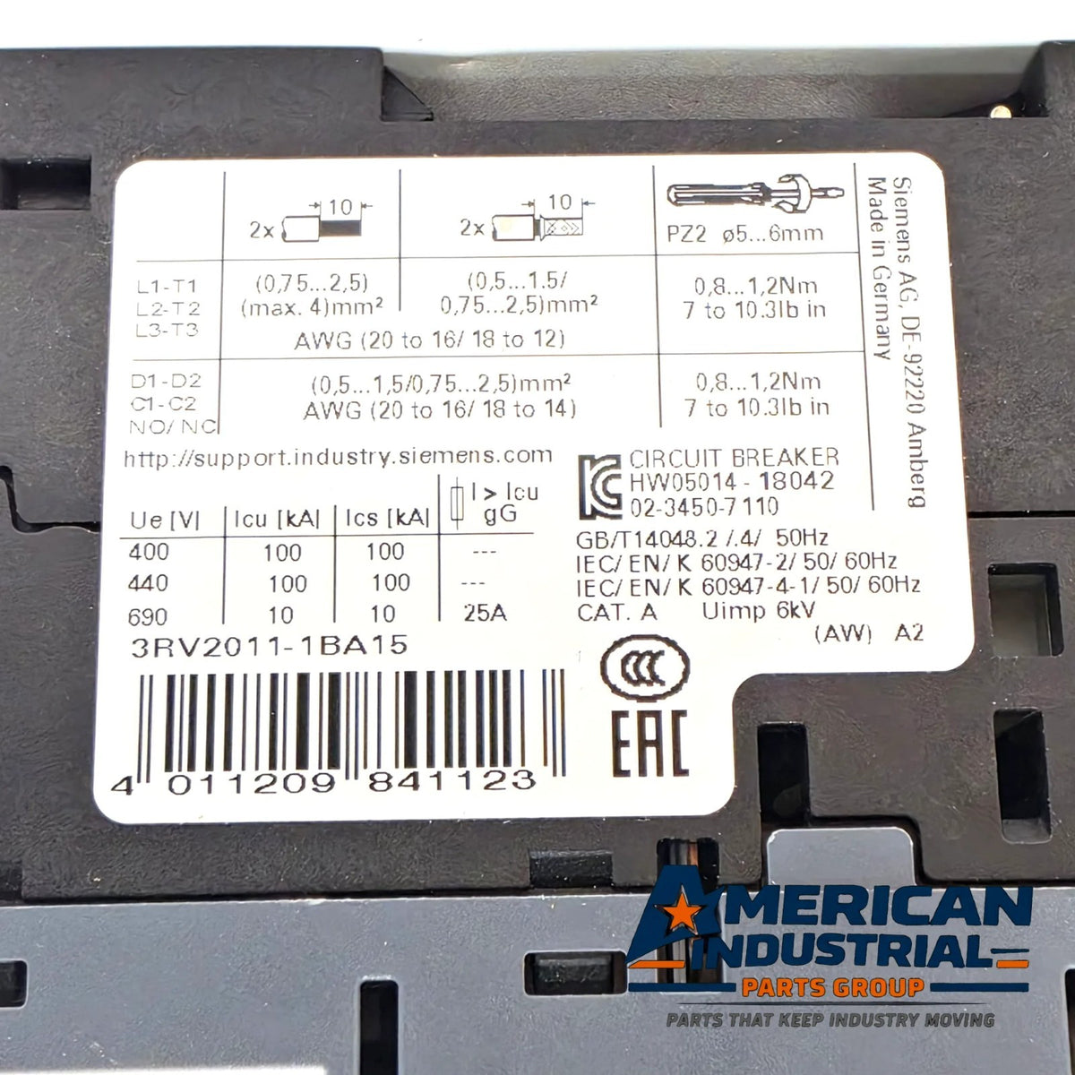Siemens SIRIUS 3RV2011-1BA15 motor starter protector 1.4-2A S00 Class 10 for motor control panels from American Industrial Parts Group