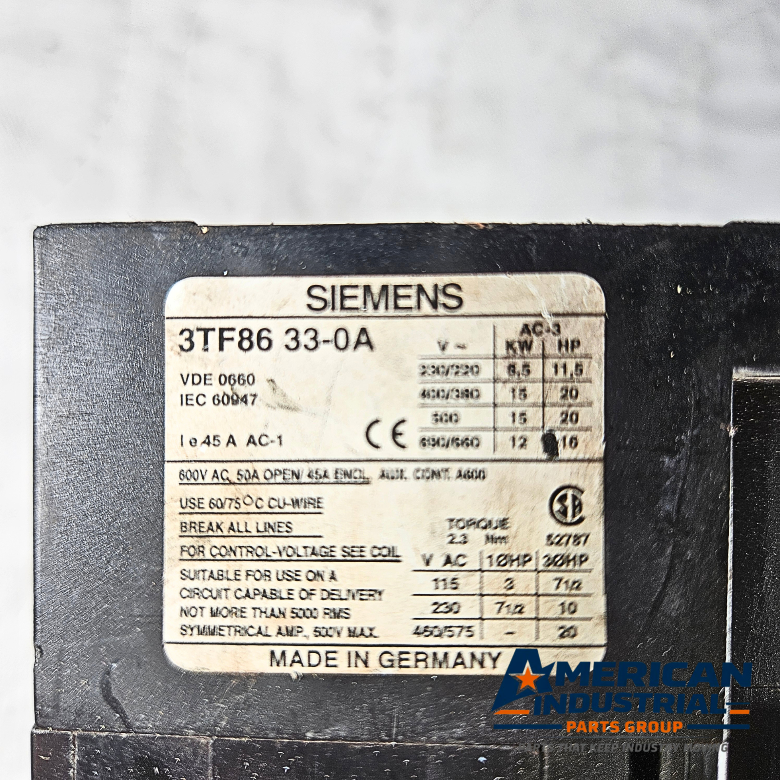 Siemens 3TF86 33-0A contactor for industrial automation and MRO motor control applications. American Industrial Parts Group.