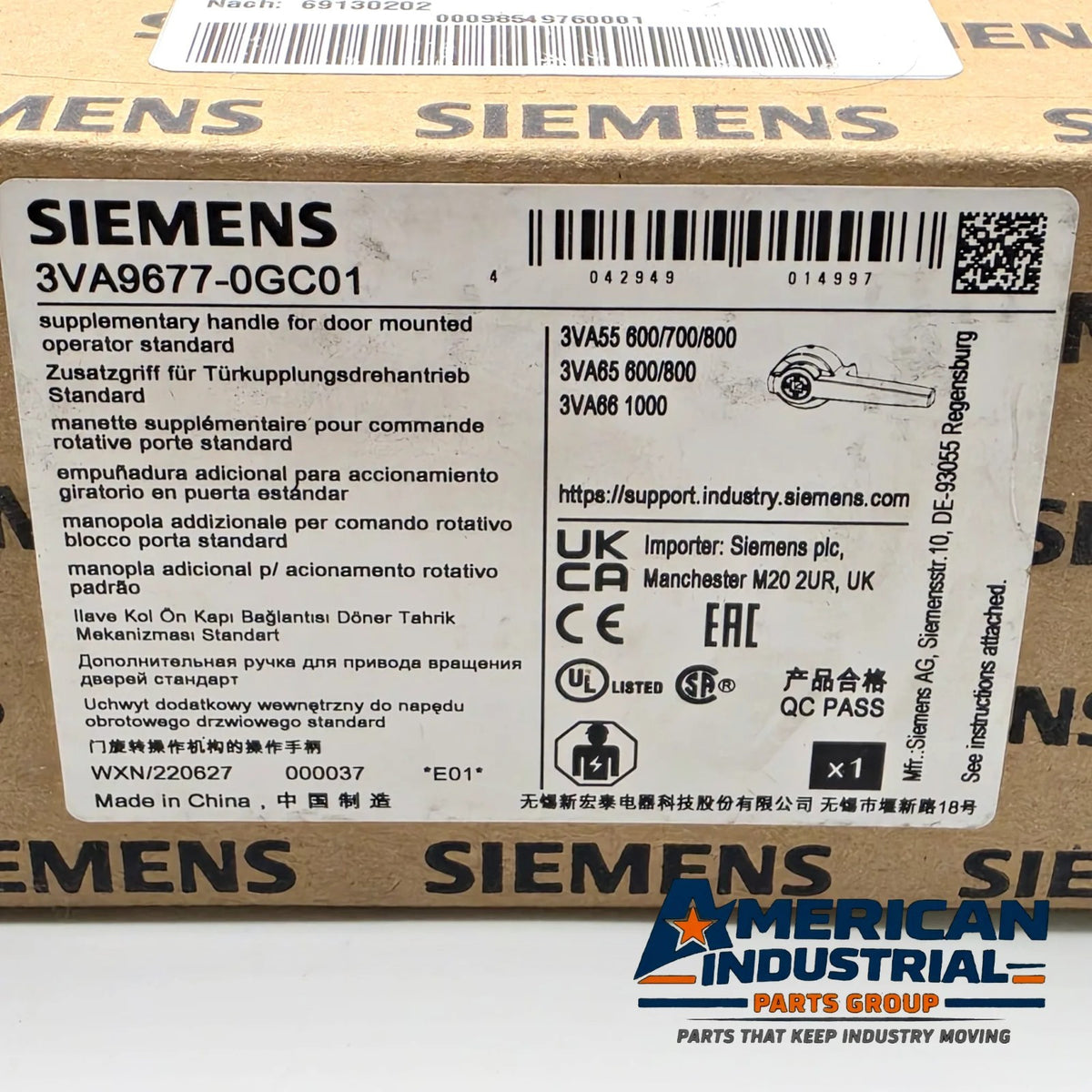 Siemens 3VA9677-0GC01 supplementary handle for 3VA breaker door-mounted rotary operator from American Industrial Parts Group