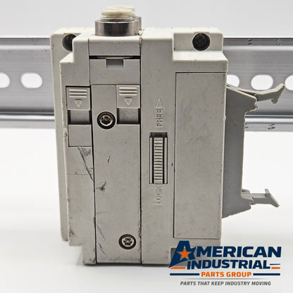 SMC pneumatic valve manifold end block terminal side view, industrial automation MRO pneumatic control component. American Industrial Parts Group.