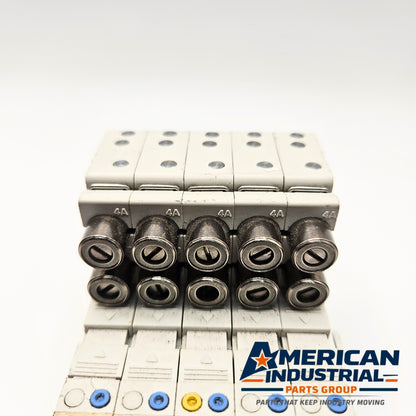 SMC SJ3160T-5CZ-M5-X20 pneumatic solenoid valve manifold lot of 5 gallery view, industrial automation MRO valve manifold assembly. American Industrial Parts Group.