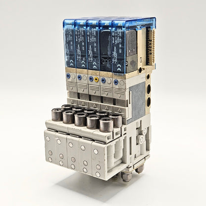 SMC SJ3160T-5CZ-M5-X20 pneumatic solenoid valve manifold lot of 5 overview, industrial automation MRO air control component. American Industrial Parts Group.