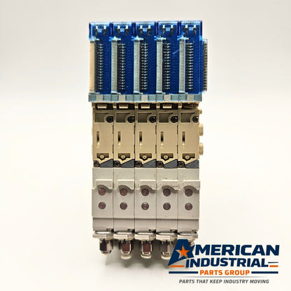 SMC SJ3160T-5CZ-M5-X20 pneumatic solenoid valve manifold port detail, industrial automation MRO compressed air valve. American Industrial Parts Group.
