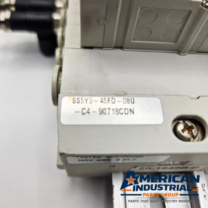 SMC SS5Y3-45FD-08U manifold with SY3140-5FU 24VDC solenoid valves for pneumatic automation systems and industrial control