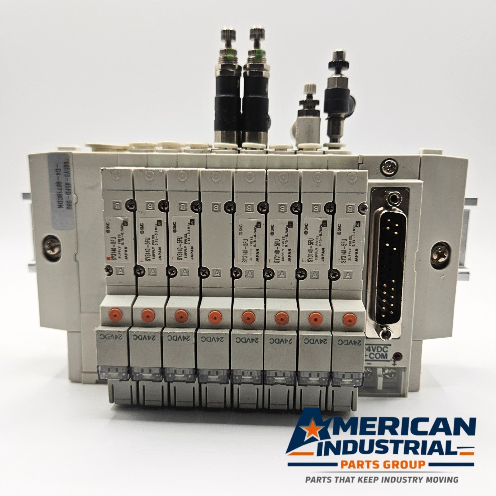 SMC SS5Y3-45FD-08U manifold with SY3140-5FU 24VDC solenoid valves for pneumatic automation systems and industrial control