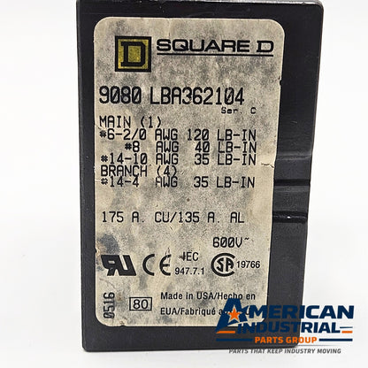 Square D 9080 LBR362104 175A lug connector for MRO control panel applications. American Industrial Parts Group.