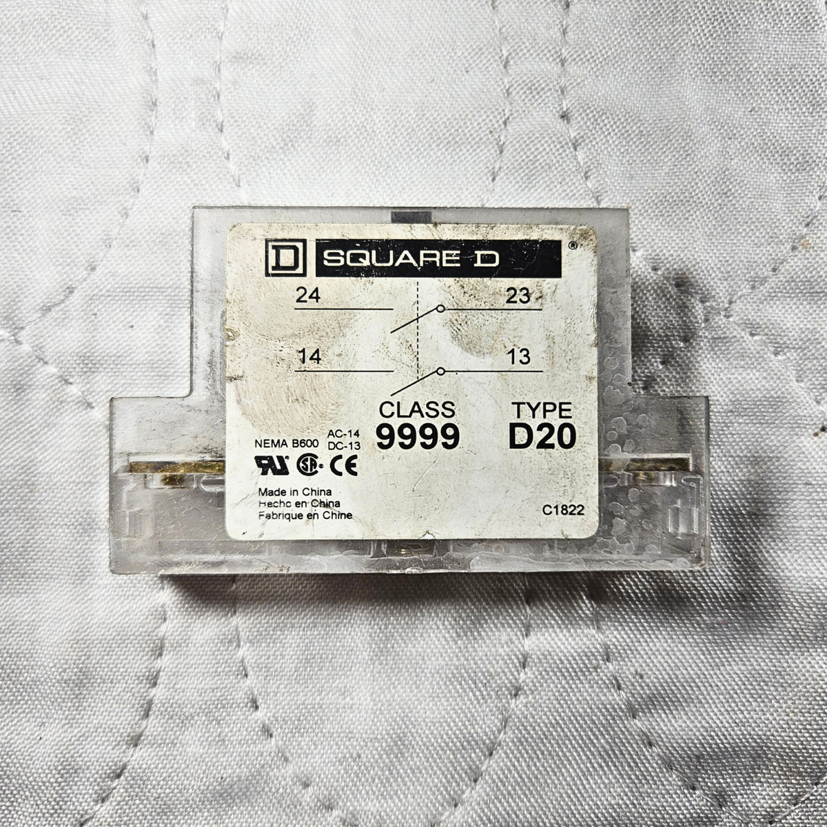 Square D Class 9999 Type D20 auxiliary contact block 5A 600V for motor starters and industrial control panels