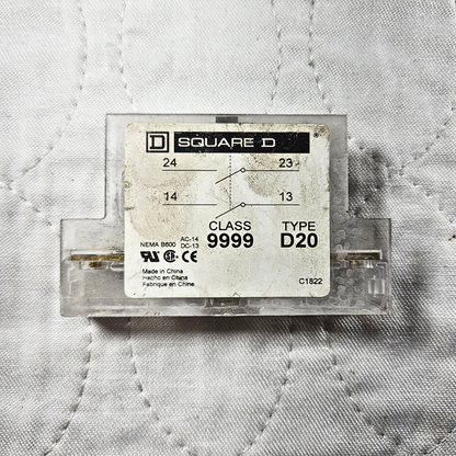 Square D Class 9999 Type D20 auxiliary contact block 5A 600V for motor starters and industrial control panels
