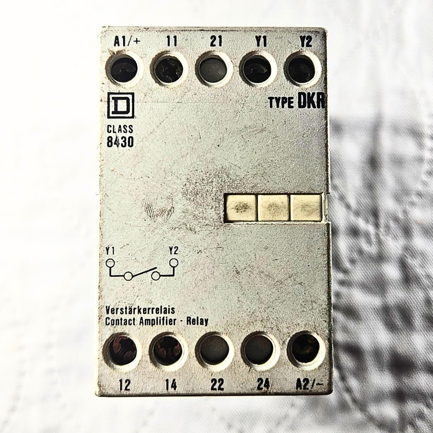 Square D Class 8430 Type DKR contact amplifier relay front view, industrial automation MRO industrial control component. American Industrial Parts Group.
