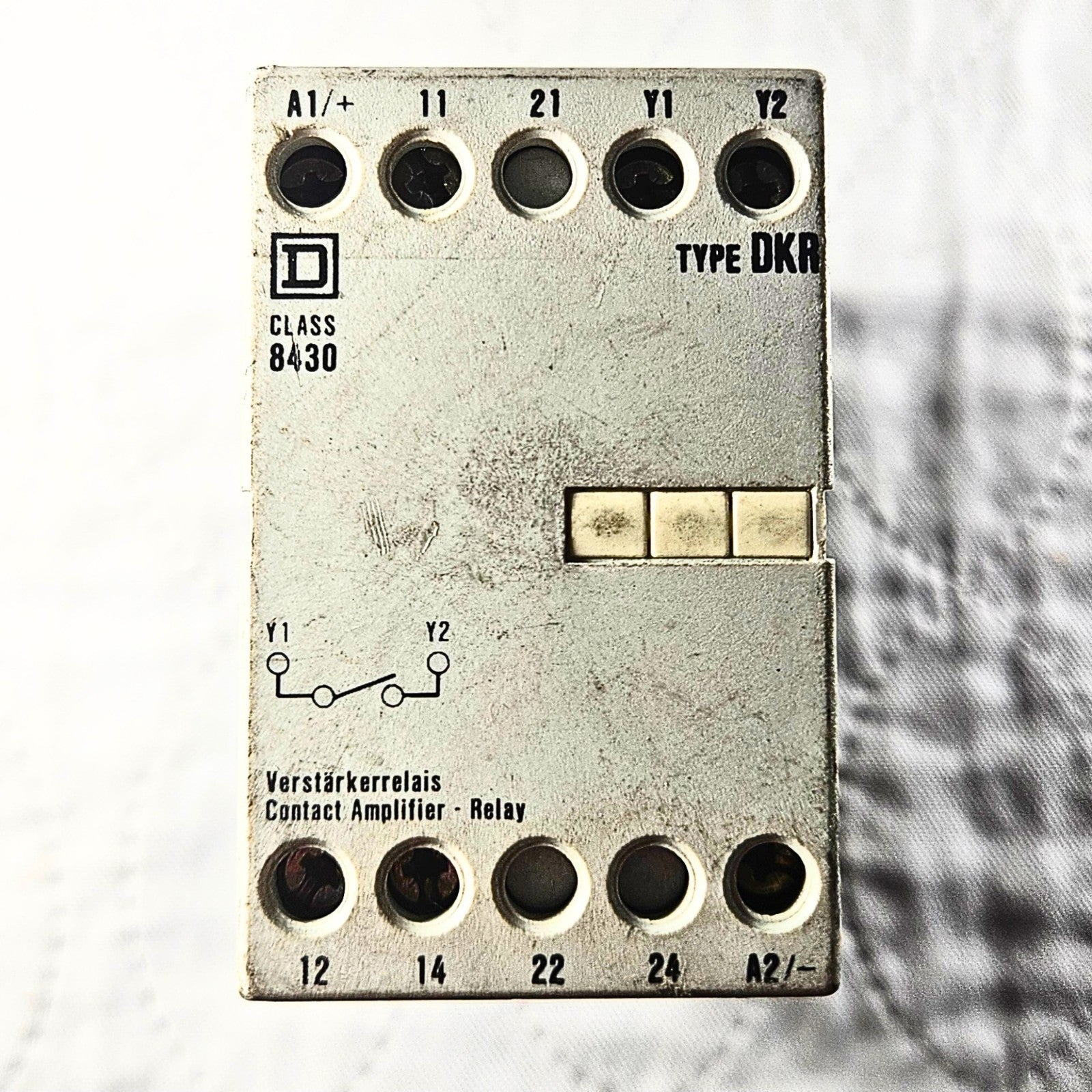 Square D Class 8430 Type DKR contact amplifier relay front view, industrial automation MRO industrial control component. American Industrial Parts Group.