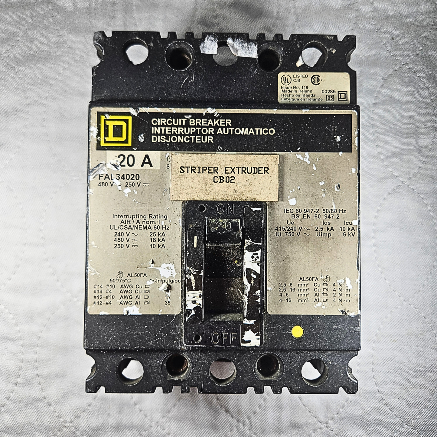 Square D FAL34020 circuit breaker 20A 3-pole 480V FAL series for industrial electrical panels and MRO applications