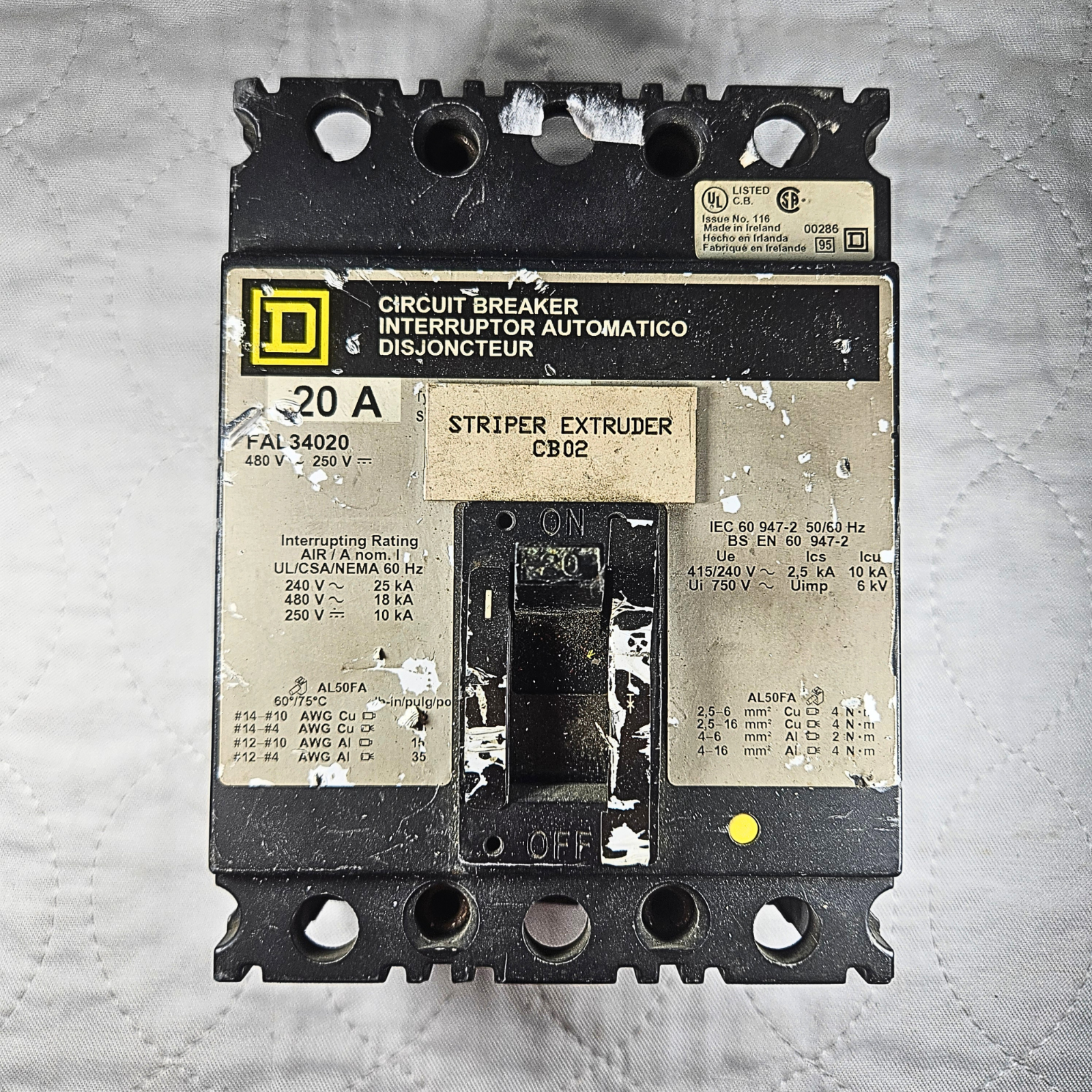 Square D FAL34020 circuit breaker 20A 3-pole 480V FAL series for industrial electrical panels and MRO applications
