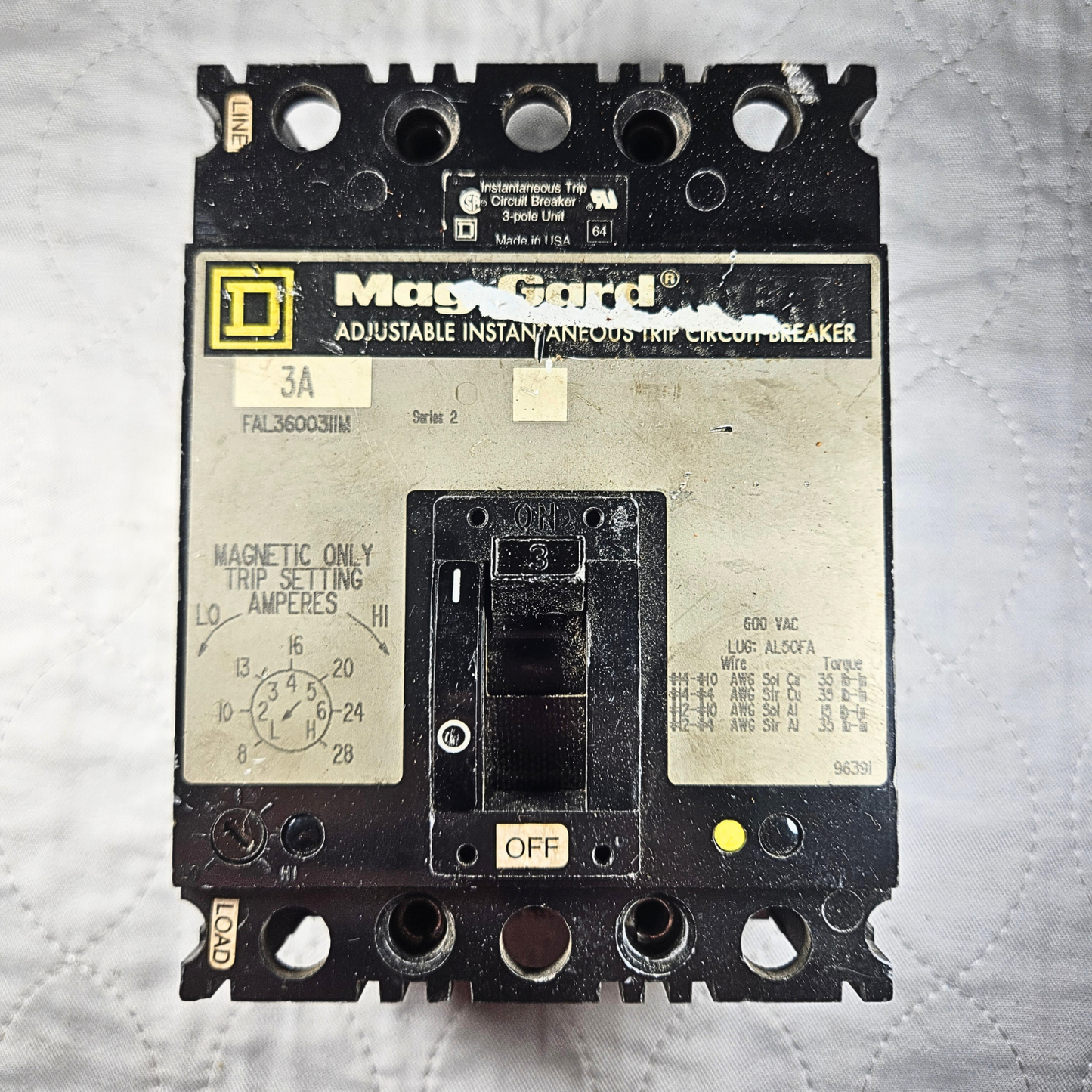 Square D Mag-Gard FAL36003JIM 3A circuit breaker adjustable trip 600V for industrial electrical panels and MRO applications