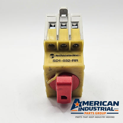 Technoelectric SD1-032-RR 3-pole 32A 600VAC rotary disconnect switch for industrial electrical panels and motor disconnect applications
