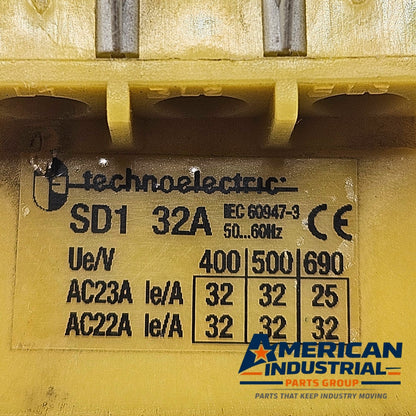 Technoelectric SD1-032-RR 3-pole 32A 600VAC rotary disconnect switch for industrial electrical panels and motor disconnect applications