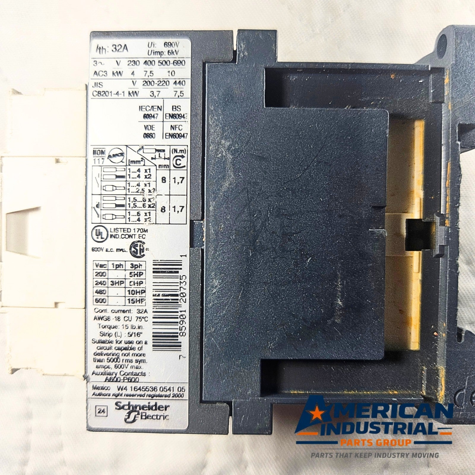 Telemecanique LC1D18BL 24VDC contactor for industrial automation and MRO motor control applications. American Industrial Parts Group.
