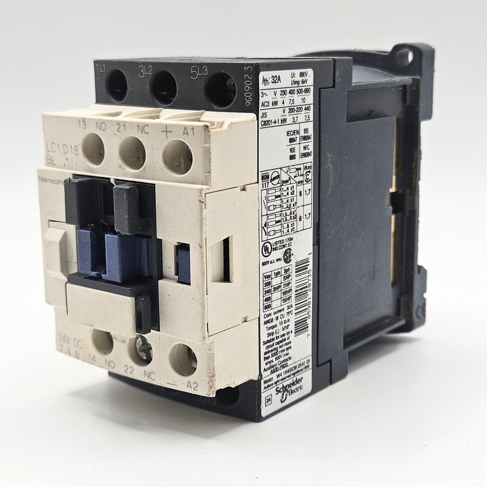 Telemecanique LC1D18BL 24VDC contactor for industrial automation and MRO motor control applications. American Industrial Parts Group.
