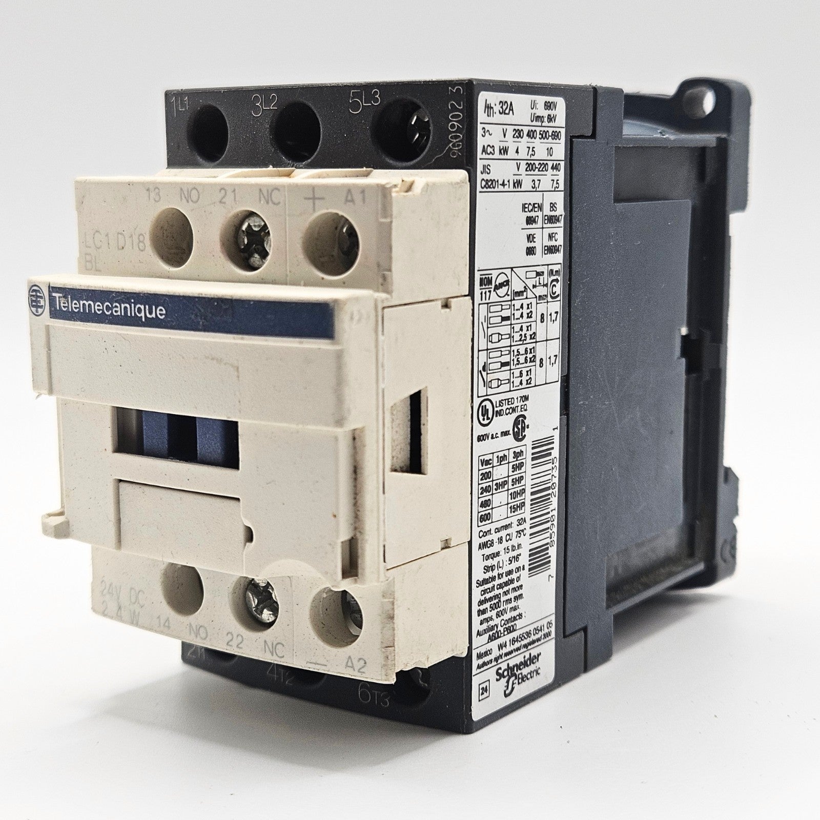 Telemecanique LC1D18BL contactor for industrial automation and MRO motor control applications. American Industrial Parts Group.