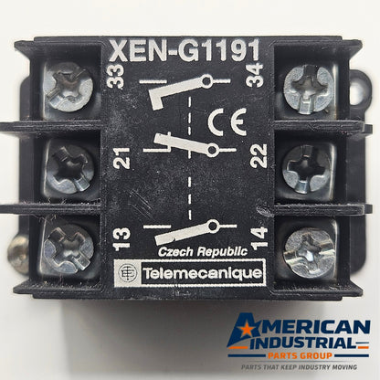 Telemecanique XEN-G1191 auxiliary contact block for industrial automation and MRO control panel applications. American Industrial Parts Group.