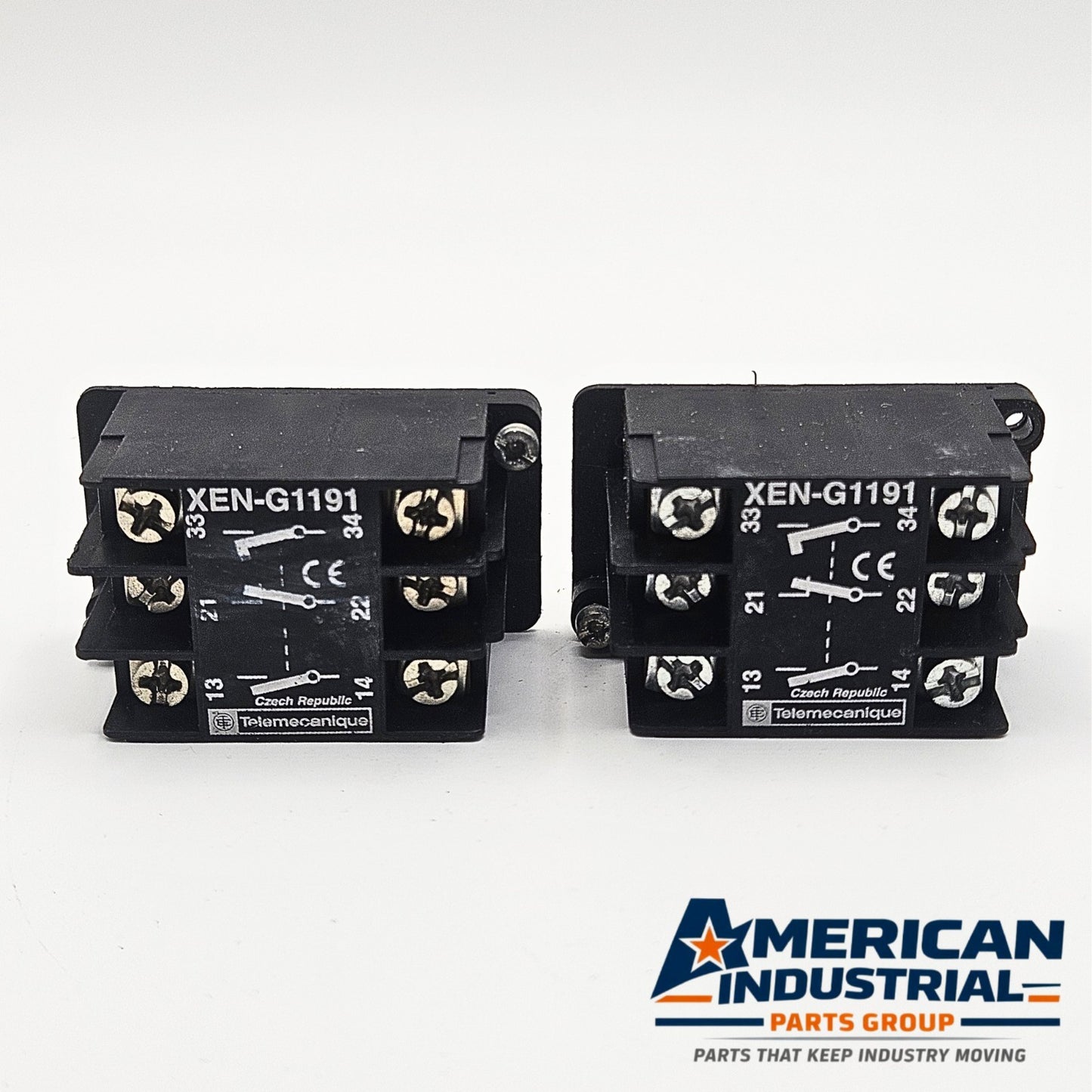 Telemecanique XEN-G1191 auxiliary contact block for industrial automation and MRO control panel applications. American Industrial Parts Group.