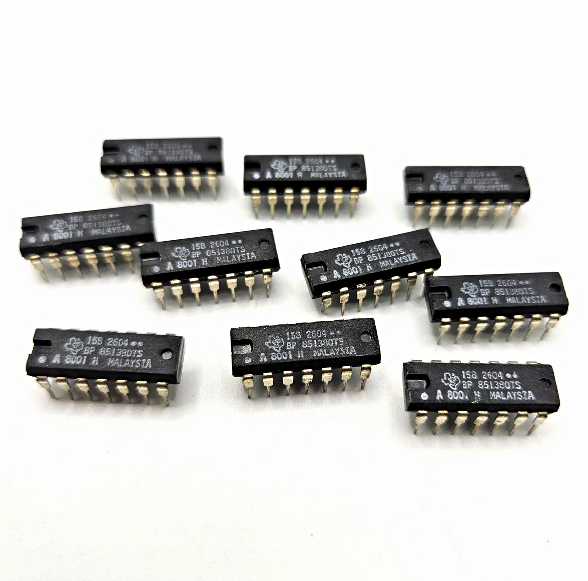 Lot of 10 Texas Instruments 851380TS 158-2604 custom-marked 14-pin DIP integrated circuit new old stock for vintage electronics repair and board restoration