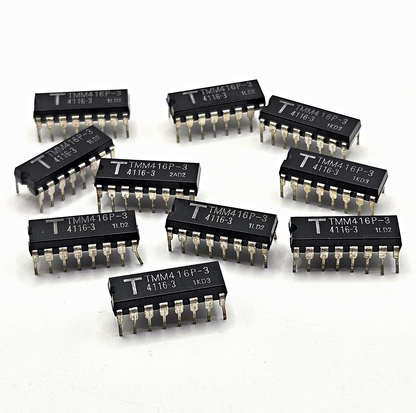 Lot of 10 Toshiba TMM416P-3 4116-3 16Kx1 200ns dynamic RAM vintage ICs in plastic DIP-16 packages for retro computer and legacy electronics repair