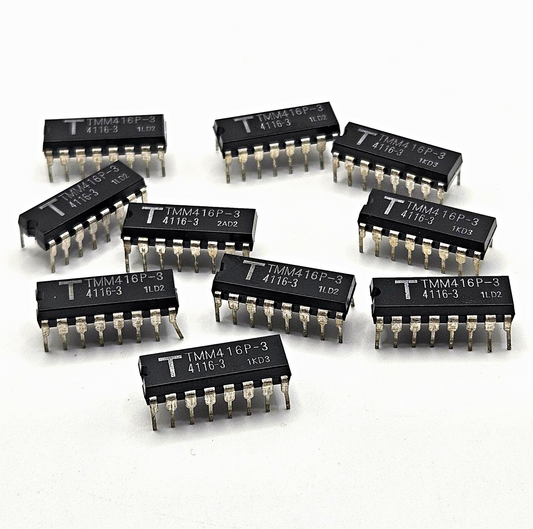 Lot of 10 Toshiba TMM416P-3 4116-3 16Kx1 200ns dynamic RAM vintage ICs in plastic DIP-16 packages for retro computer and legacy electronics repair