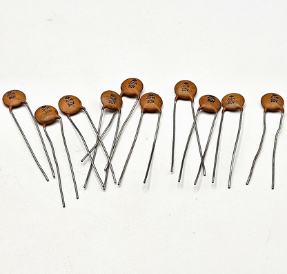 Lot of 10 unbranded 0.01uF 50V 10nF 103 ceramic disc capacitors radial lead for bypass, decoupling, and circuit board repair