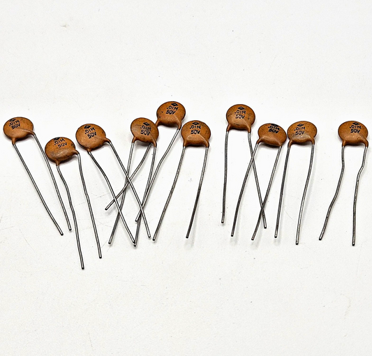 Lot of 10 unbranded 0.01uF 50V 10nF 103 ceramic disc capacitors radial lead for bypass, decoupling, and circuit board repair