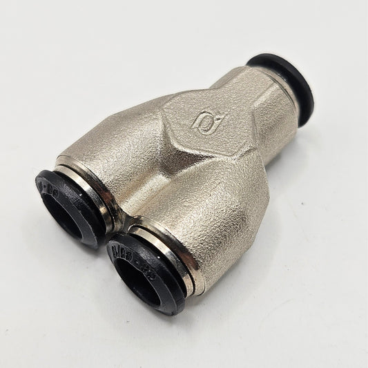Unbranded 8mm 5/16 pneumatic Y connector for industrial automation systems. American Industrial Parts Group.