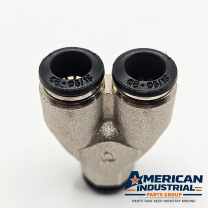 Unbranded 8mm pneumatic Y connector used in air control equipment. American Industrial Parts Group.